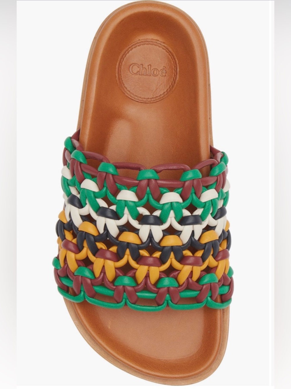 Chloé Wavy Flatform Crochet Leather Tan Slides with Multicolor Braided Straps